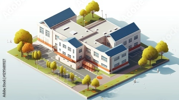 Obraz A detailed isometric vector illustration of a modern school building with a courtyard and entrance.