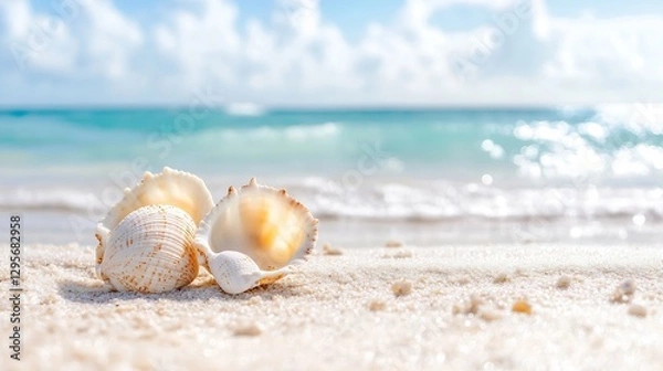 Fototapeta Beautiful Seashells Arranged on Soft White Sand with the Sparkling Ocean in the Background : Generative AI