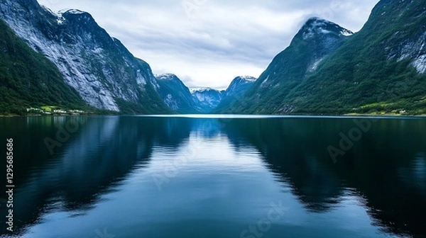 Fototapeta Majestic Norwegian Fjord Reflecting Mountains Beneath a Cloudy Sky : Generative AI
