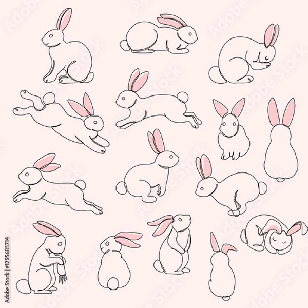 Fototapeta Continous line art drawing Rabbits collection. Vector illustration of cute line art bunny in different poses and actions.