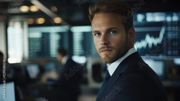Fototapeta Professional male businessperson in a modern financial workspace, projecting confidence and focus with stock market data in the background