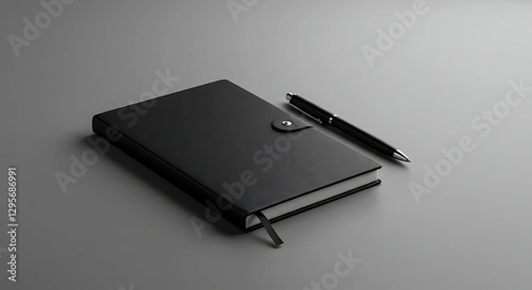 Fototapeta Black Notebook and Pen Composition on Gray Background for Writing Notes