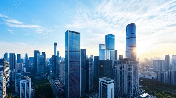 Fototapeta Stunning skyline view of modern city with skyscrapers during sunrise showcasing urban architecture : Generative AI