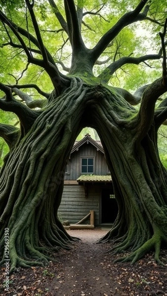 Fototapeta An ancient tree serves as a natural archway for the entrance of a tiny cottage, nature, roots, forest path