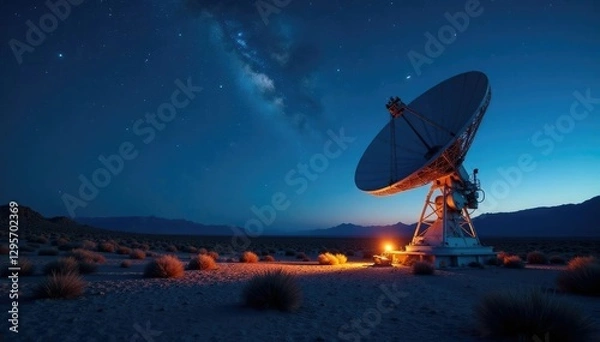 Fototapeta Desert landscape at night with radio telescope radar dish, desert, dish, radio wave