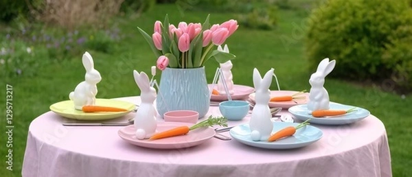 Fototapeta Spring outdoor table setting with pastel colors and bunny decorations for a festive gathering