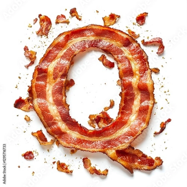 Fototapeta Crispy Bacon Letter Q: A Delicious Alphabet!  Savory, sizzling strips form a tempting Q, scattered with crumbs on a white backdrop.