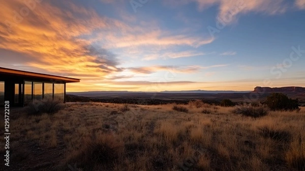 Fototapeta Stunning sunset view over a desert landscape with a modern house silhouetted against vibrant clouds : Generative AI