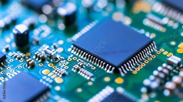 Fototapeta Close Up of Complex Electronic Circuit Board with Microchips : Generative AI