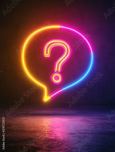 Fototapeta Neon Question Mark: A vibrant neon sign, shaped like a question mark within a speech bubble, casts a colorful glow against a dark background, sparking curiosity and inviting inquiry.