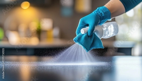 Obraz Cleaning kitchen counter with spray and cloth