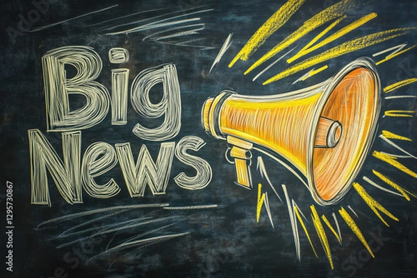 Obraz Chalkboard with big news announcement and megaphone illustration conveying excitement and urgency