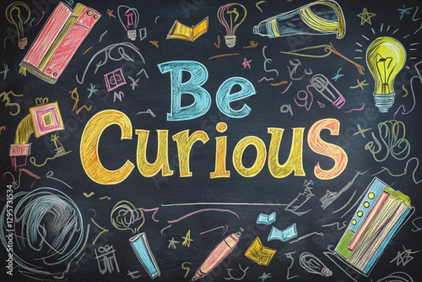 Fototapeta Chalkboard background with inspiring colorful artwork featuring motivational message 'be curious'.