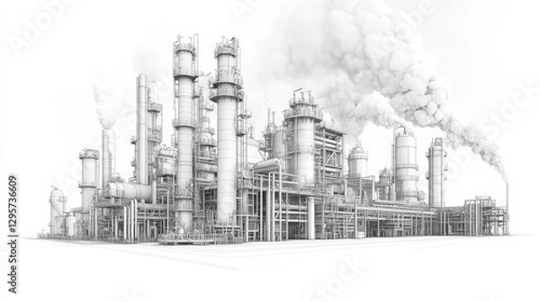 Obraz Industrial factory building sketch featuring smoke stacks and pipes in a detailed illustration