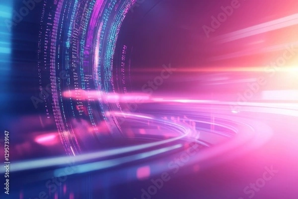 Obraz A vibrant, abstract representation of light trails and digital data, creating a sense of speed and motion in a colorful, futuristic environment.