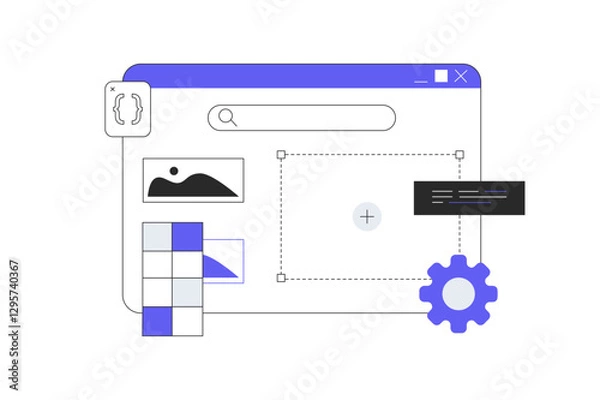 Fototapeta Web design studio, site development company. Web designer build user friendly interface. Flat Cartoon Vector Illustration, icon. Stylish abstract Flat design for website