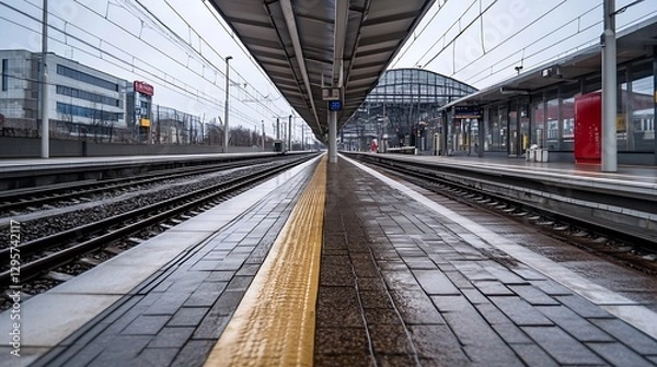 Fototapeta Empty Train Station Platform Under Rainy Overcast Sky Featuring Wet Pavement and Distinctive Architecture : Generative AI