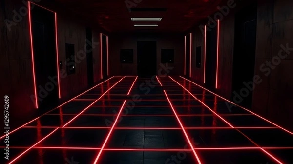 Fototapeta Futuristic corridor with red laser grid, dark walls, and minimalistic doorways, evoking suspense
