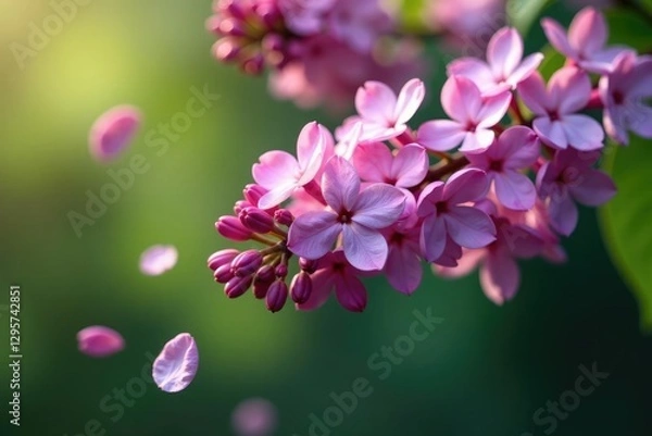 Fototapeta Fragrant lilac petals fall from branches of Melia azedarach tree, branch blooms, evergreen tree