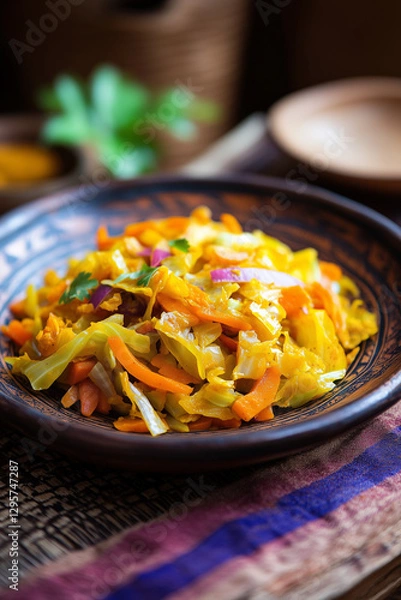 Fototapeta Ethiopian Atakilt Wat cabbage and carrot stir-fry in a decorative bowl