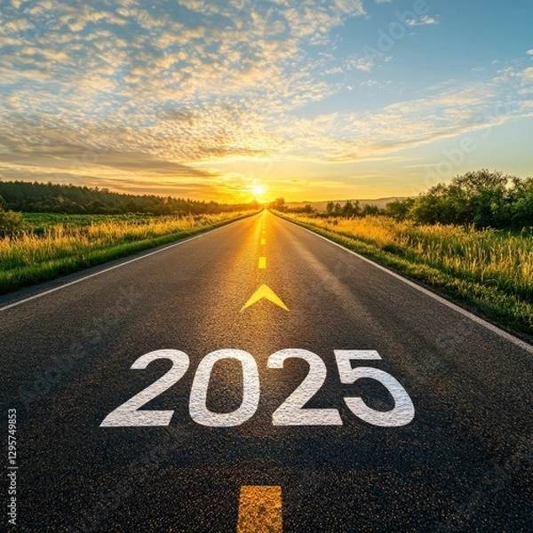 Fototapeta Road to 2025: A Bright Future Ahead with a Scenic Sunrise and Hopeful Horizon beckoning towards prosperity.