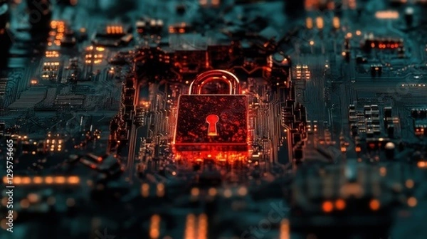 Fototapeta Transparent red padlock embedded in a circuit board symbolizing data encryption security and protection in a high tech digital landscape