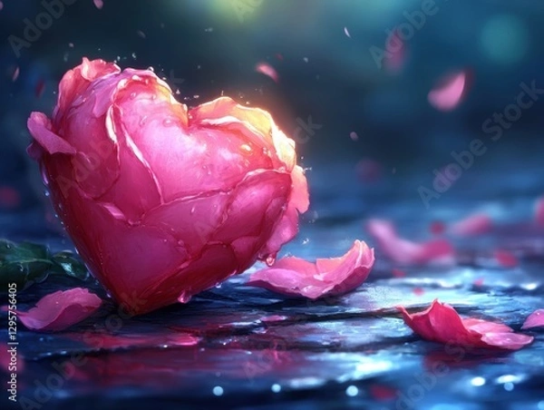 Obraz Cracked heart-shaped object oozing liquid on a dark, wet surface, glowing with eerie light, generative AI.