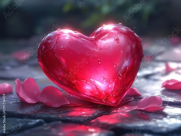 Fototapeta Cracked heart-shaped object oozing liquid on a dark, wet surface, glowing with eerie light, generative AI.