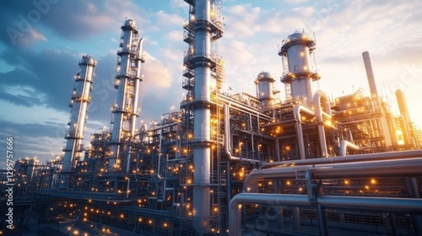 Fototapeta Large industrial oil refinery with smoke stacks and storage tanks in an urban environment during daylight
