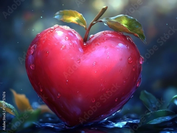 Obraz Heart-shaped apple with dewdrops on a dark forest floor, glowing with soft light, generative AI.