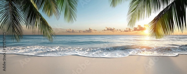 Obraz Tropical Beach Serenity: A stunning panorama of a tropical beach, showcasing gentle waves lapping at the shore, framed by lush palm leaves, and illuminated by a radiant sunrise.