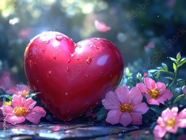 Obraz Cracked heart-shaped object oozing liquid on a dark, wet surface, glowing with eerie light, generative AI.