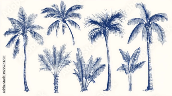 Fototapeta Hand drawn tropical palm trees. Vector set of hawaii beach palm tree, fern and frond outline, botany flora tropical illustration