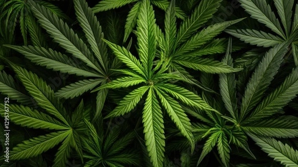 Fototapeta Close up of a bunch of green marijuana leaves arranged on a white surface with natural lighting