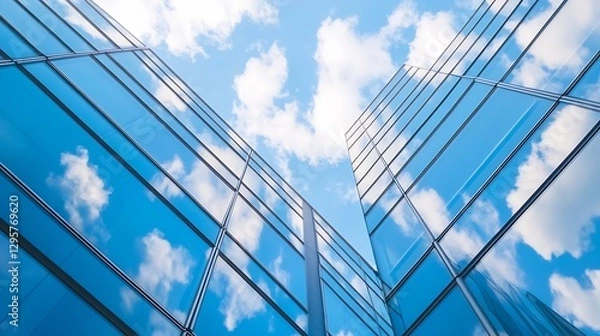 Fototapeta Modern Glass Building Reflections against a Bright Blue Sky with Fluffy Clouds : Generative AI