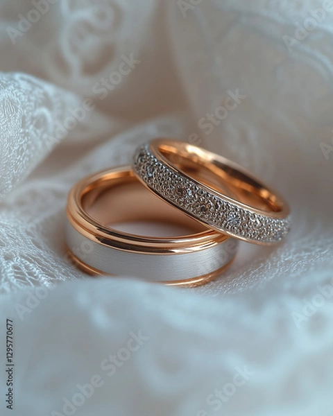 Fototapeta Detailed close-up of a wedding ring and lace ribbon isolated on white.