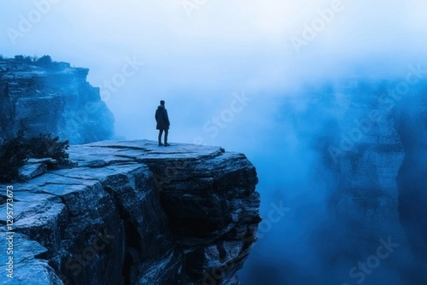 Fototapeta A lone adventurer standing at the edge of an ancient
 mist covered canyon.