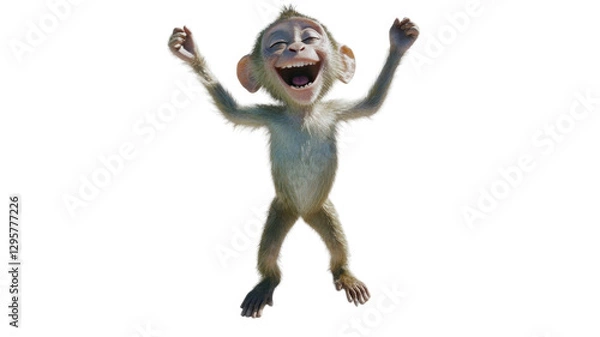Fototapeta joyful and exuberant monkey character with big smile, celebrating with raised arms. This playful creature embodies happiness and fun in vibrant, animated style