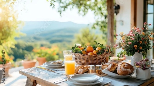 Fototapeta Enjoying a sunlit breakfast on a terrace overlooking lush hills and a fruitful garden. Generative AI