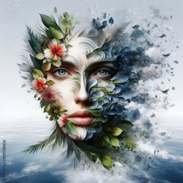 Obraz Surreal Nature Goddess Face with Floral and Elemental Fusion with Generative AI.
