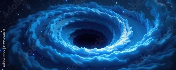 Fototapeta Swirling blue vortex surrounds black hole in deep space, cosmic void, black hole
