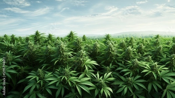 Fototapeta Field of healthy marijuana plants growing under clear blue sky in agricultural landscape
