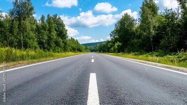 Fototapeta Empty Country Road Surrounded by Green Trees Under Bright Blue Sky : Generative AI