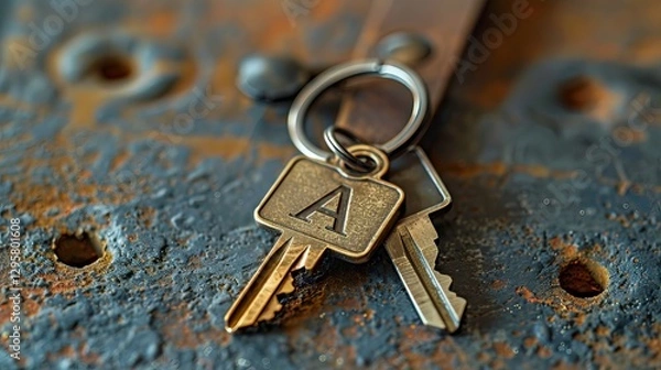 Obraz Close-up of vintage keys resting on a rustic, textured surface with a warm, earthy color palette.