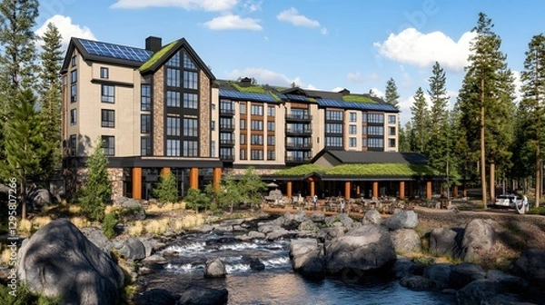 Fototapeta Modern lodge nestled by a serene river, surrounded by tall trees and rocky landscape