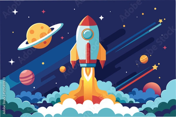 Fototapeta Colorful vector illustration of a rocket launching into space against a starry night sky with fluffy clouds