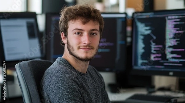 Fototapeta Young man with curly hair sitting in front of multiple computer screens displaying code, focused on programming in a modern office environment