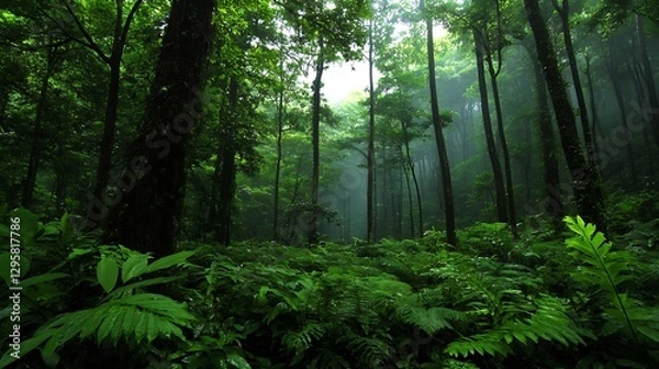 Fototapeta Dense Foggy Forest Scene with Sunlight Streaming Through Lush Green Trees : Generative AI