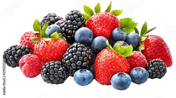 Fototapeta A vibrant mix of strawberries, blueberries, raspberries, and blackberries, all fresh and juicy, isolated on a transparent background.