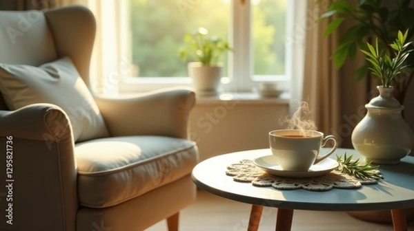Fototapeta A warm cup of tea sits on a side table near a comfy armchair bathed in the soft glow of morning sunlight, creating a peaceful and serene atmosphere